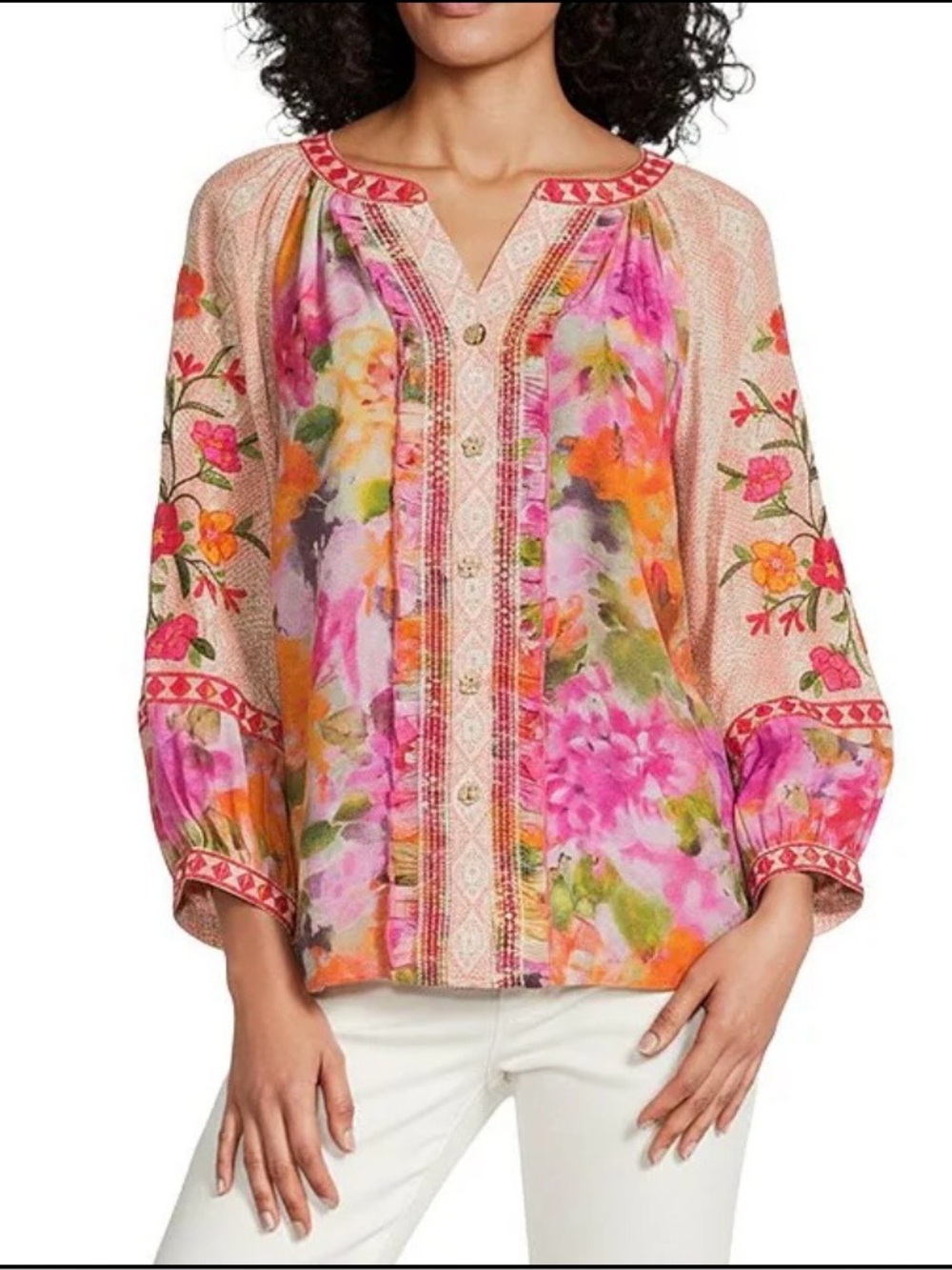 John Mark Embroidered Floral Split V-Neck Button Front Top Medium Watercolor